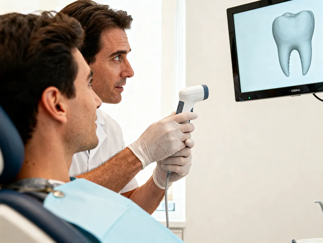 A dentist scanning a patient's teeth with a handheld scanner